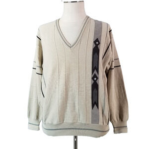 Gabicci Sweater men's large beige long sleeve v-neck wool blend Italy Italian